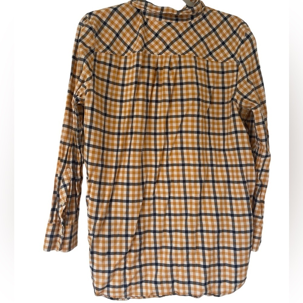 J. Crew Women’s Boyfriend Flannel Shirt Yellow Navy Plaid Pockets Button Up Top - Picture 2 of 7